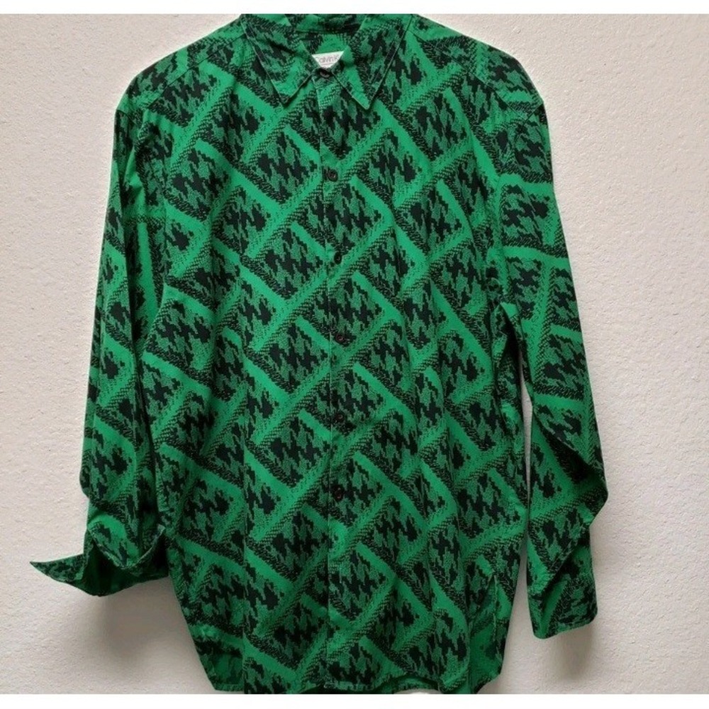 Calvin Klein Sport M Green Black Button Cotton Southwestern long sleeve collared